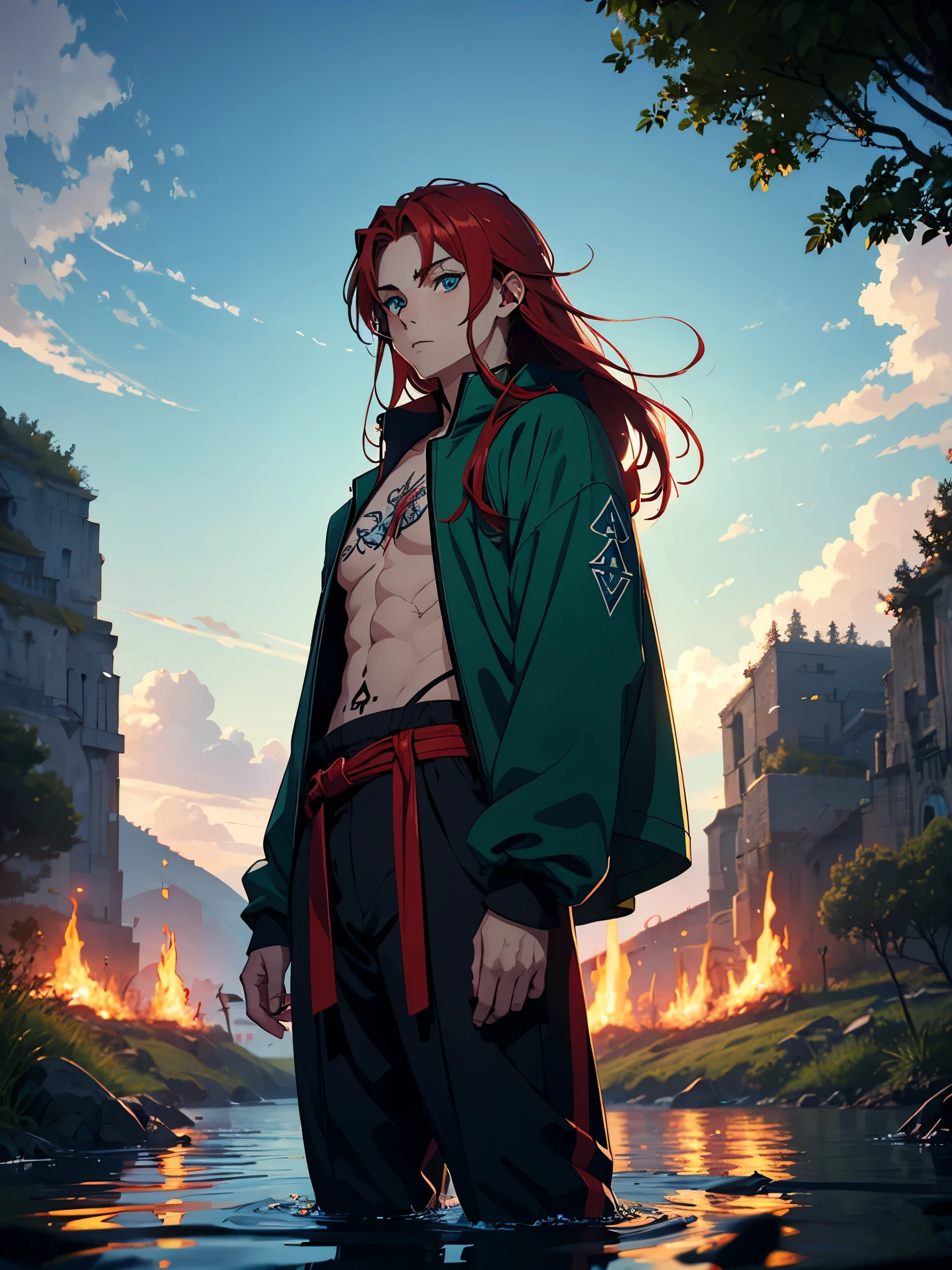 Shirtless. Hot. Runen magier. Runes. Runenschrift. Runen Tattoo. More anime style. blue flames. 2d. flatter. anime style. Green clothing. Viking clothing. soft. More anime. Standing in a lake. More anime. More 2d. Clean. More anime. 2d. Glow. Red hair. More anime. male. Long hair. long red hair. boy, vikings. red hair. Blue eyes. fire.