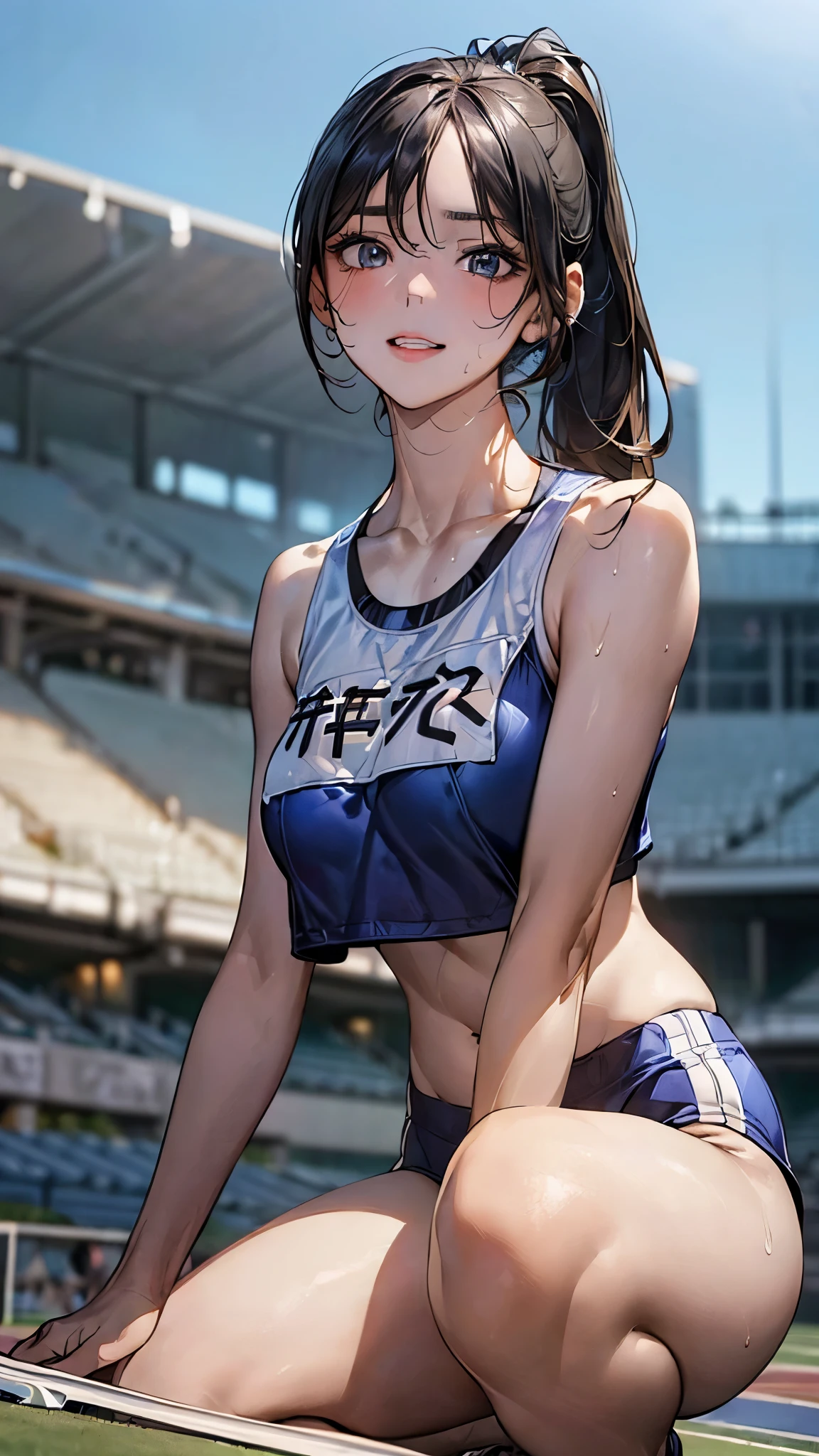 (masterpiece:1.2, top-quality), (realistic, photorealistic:1.4), beautiful illustration, (natural side lighting, movie lighting), depth of fields, (photograph),
beautiful detailed hair, beautiful detailed face, beautiful detailed eyes, beautiful clavicle, beautiful body, beautiful chest, beautiful thigh, beautiful legs, beautiful fingers,
looking at viewer, (thighs, from below:1.3), 1 girl, high school girl, (perfect anatomy, anatomically correct, super detailed skin), perfect face, parfect eyes, cute and symmetrical face,
(long hair, high ponytail, black hair), hair between eyes, dark blue eyes, big eyes, long eye lasher, (medium breasts, seductive thighs), slender, shiny skin, babyface,
(metallic blue track uniforms, sportswear, sports bras, sports bikinis:1.3), sweaty,
(beautiful scenery), evening, (track and field:1.2,), squatting, (cute smile, parted lips),