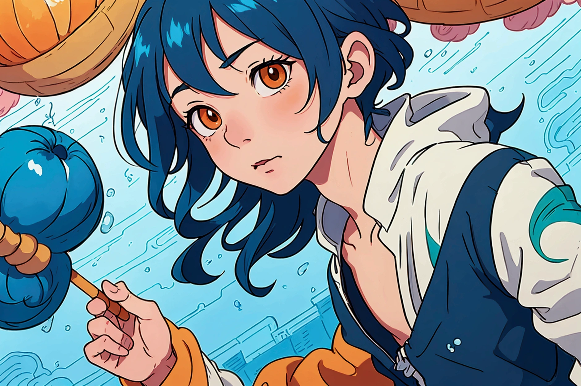 Studio Ghibli style image of a boy with blue hair and orange eyes