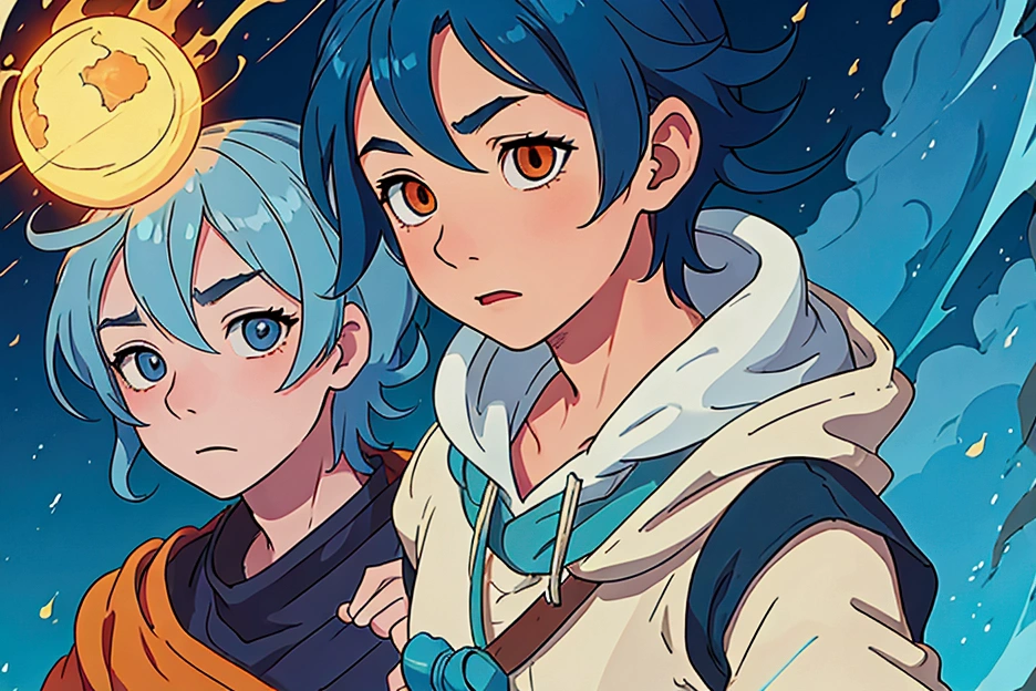 Studio Ghibli style image of a boy with blue hair and orange eyes