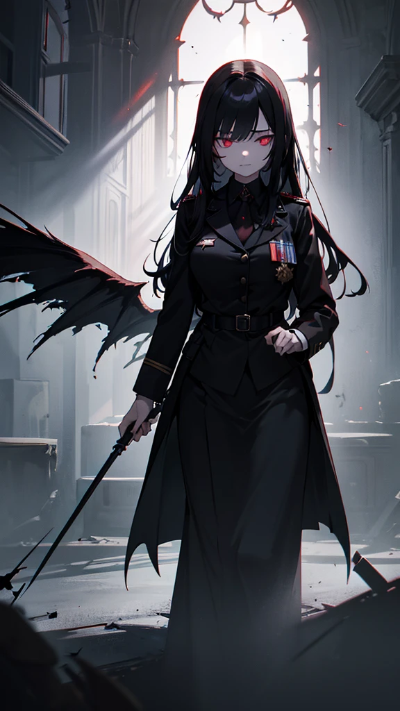 a demonic girl in military uniform, long black hair, faintly glowing red eyes, spreading demonic wings, in a dilapidated church, fantasy, best quality, 8k, highres, masterpiece, dramatic shadows, gothic style, cinematic lighting