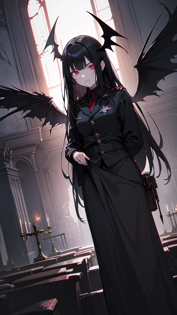 a demonic girl in military uniform, long black hair, faintly glowing red eyes, spreading demonic wings, in a dilapidated church, fantasy, best quality, 8k, highres, masterpiece, dramatic shadows, gothic style, cinematic lighting
