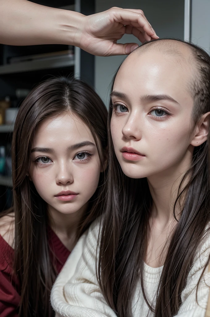 Create 2 images, a bald person and another person with long hair