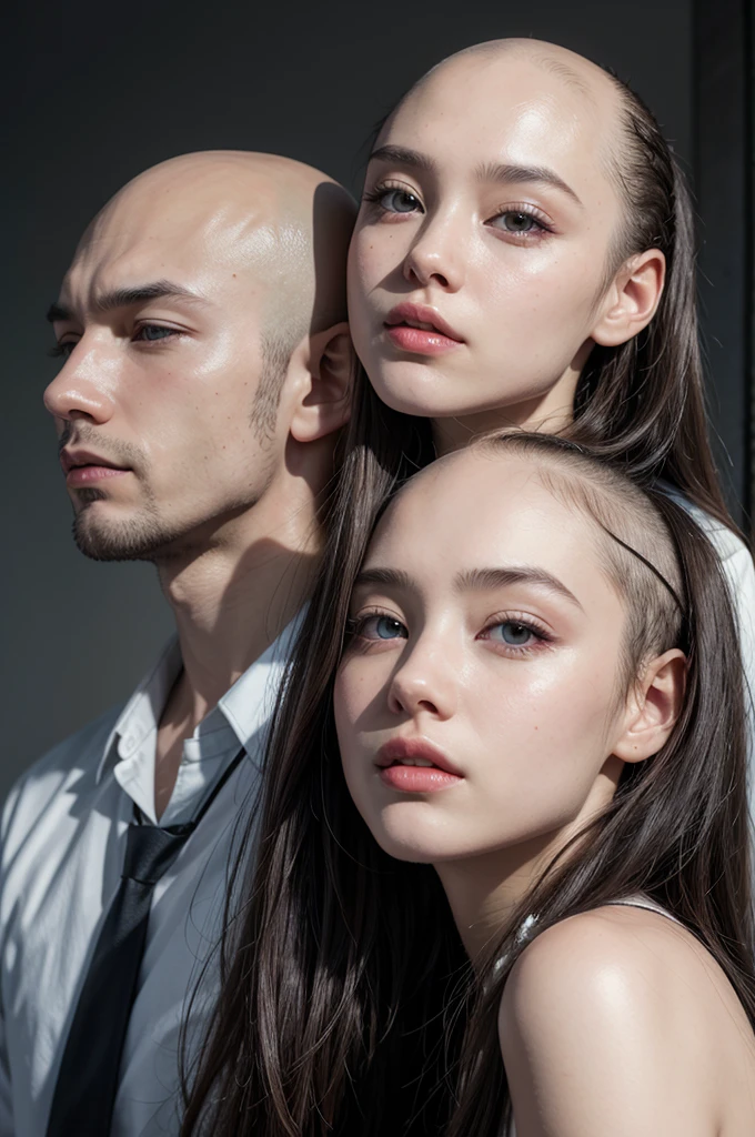Create 2 images, a bald person and another person with long hair