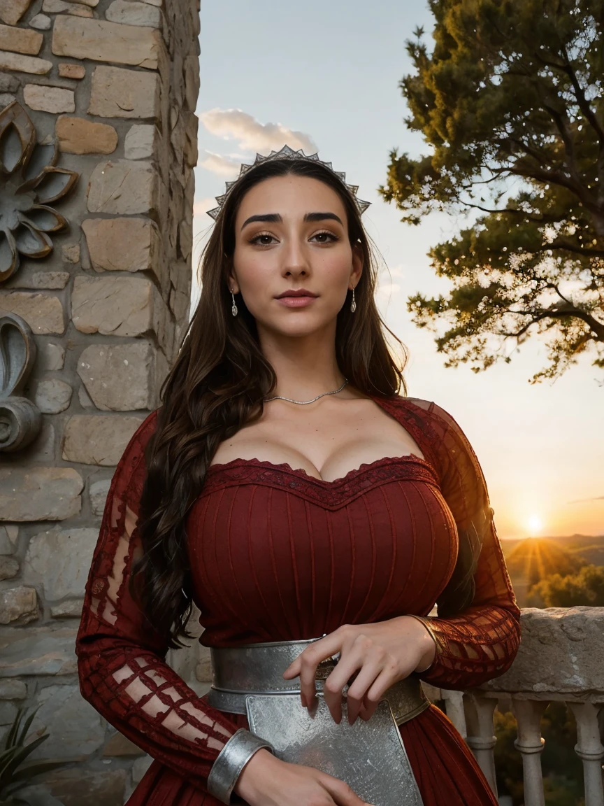 Gorgeous and sultry busty athletic (thin) brunette queen with sharp facial features, crown braid, wearing a dark red medieval dress, long sleeves, intricate patterns, embroidery, wide neck, crown, veil, long dress, modest dress, tight bodice, (silver waist chain), medieval jewelry, Middle Ages, castle, rampart, wall, exterior, on top of a castle wall, trees, countryside, evening, sunset.