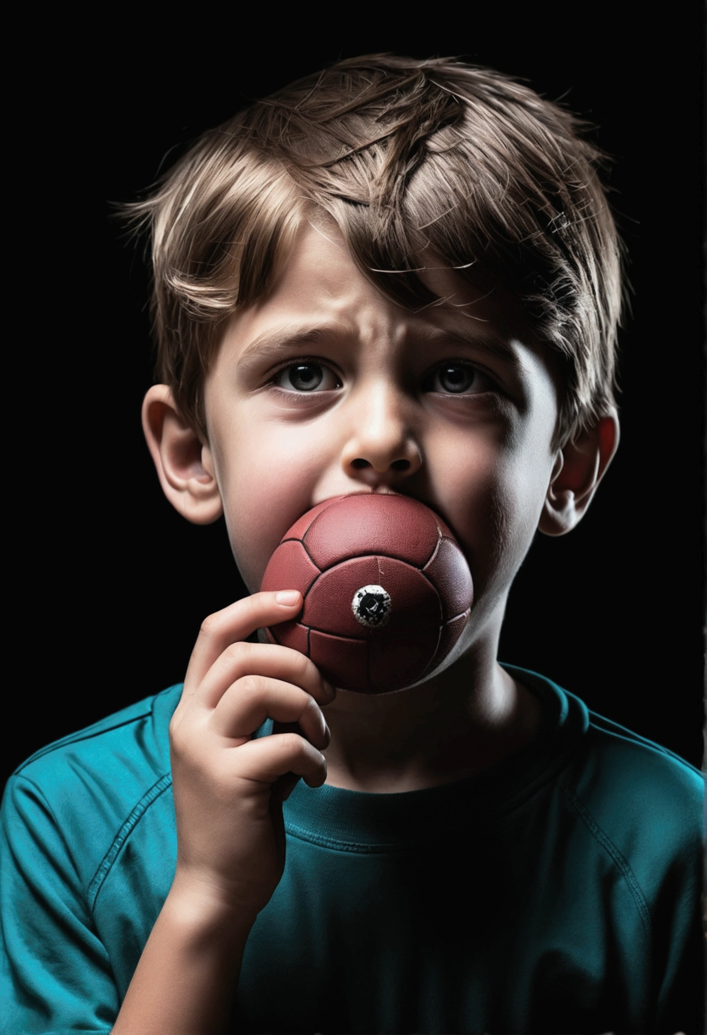 "Create a symbolic image of a boy with a game ball stuck in his throat, representing a distorted, gurgling voice, in a dark and mysterious environment, with an atmosphere of terror."