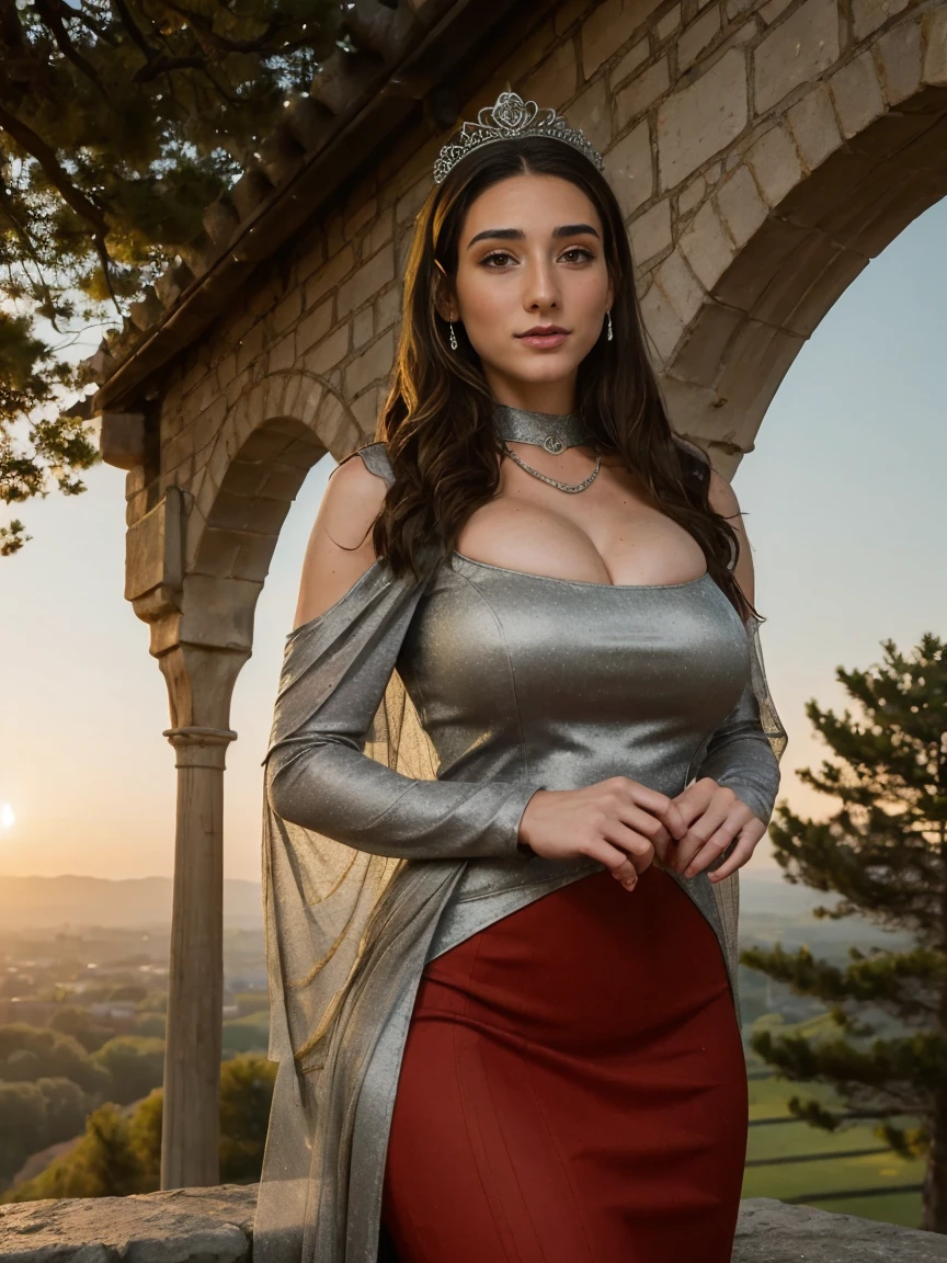 Beautiful and regal, imperious and aloof, busty athletic (thin) brunette queen with sharp facial features wearing a modest updo, dark red medieval dress, long sleeves, intricate patterns, embroidery, wide neck, crown, veil, long dress, modest dress, tight bodice, (silver waist chain), medieval jewelry, Middle Ages, castle, rampart, wall, exterior, on top of a castle wall, trees, countryside, evening, sunset.