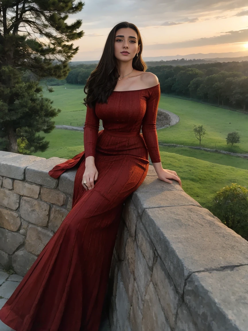 Beautiful and regal, imperious and aloof, busty athletic (thin) brunette queen with sharp facial features wearing a modest updo, dark red medieval dress, long sleeves, intricate patterns, embroidery, wide neck, crown, veil, long dress, modest dress, tight bodice, (silver waist chain), medieval jewelry, Middle Ages, castle, rampart, wall, exterior, on top of a castle wall, trees, countryside, evening, sunset.