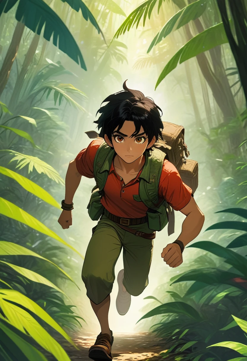 (masterpiece, best quality, vivid colors), An adventurer in a jungle exploring the surroundings, 1man, Alone, black hair, Brown eyes, very detailed eyes, adventure clothing, intricate details, running, anime screencap, cowboy shot, looking at the viewer, the background is a tropical jungle