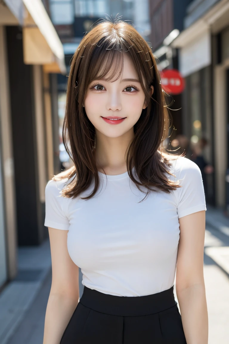 Shopping street: Sexy tight shirt and shorts showing nipples, Highest quality, shape, Very detailed, In detail, High resolution, 8k wallpaper, Perfect dynamic composition, Beautiful details, Natural Lip, Tight T-shirt that clearly shows the nipples Nipples are clearly visible, Big Breasts, 胸の谷間 乳首のshapeが浮いている, She is smiling in a cute pose.., A masterpiece of the whole body, Side Short