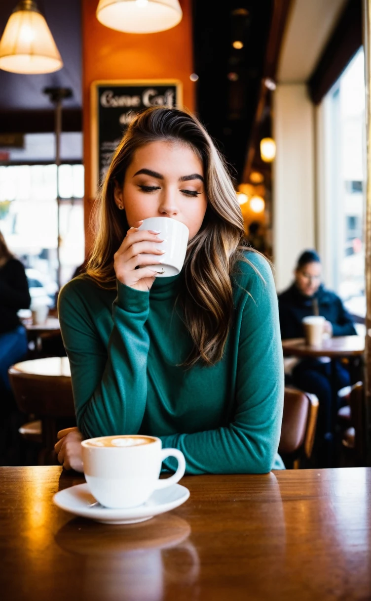 une jeune fille de 23 ans est assise dans un café tranquille à San Francisco,tasse fumante de café chaud sur sa table,serein,détendu,Occasionnel, Photographie cinématographique d&#39;art hyperréaliste dans le style d&#39;une séance photo hyperréaliste détaillée