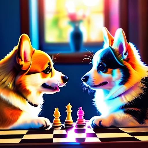 psychedelicstyle magic beamMake me a photo of cute corgi and cute cat playing chess.