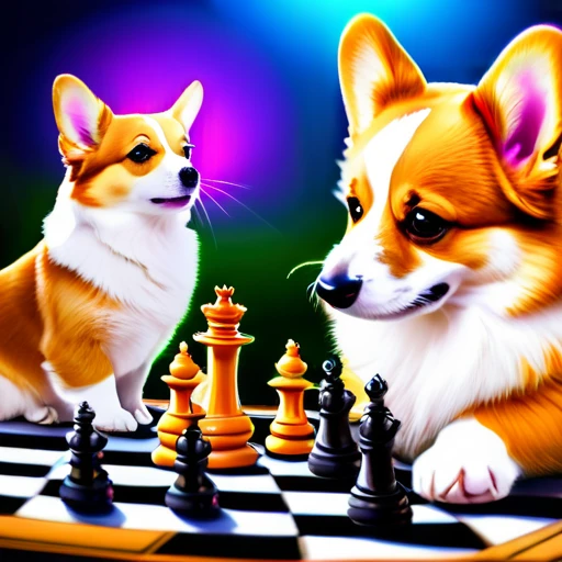 psychedelicstyle magic beamMake me a photo of cute corgi and cute cat playing chess.