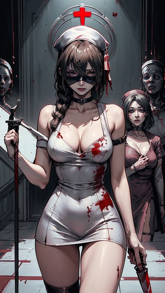 (NSFW, masterpiece, best quality)
SilentHillNurse, 1girl, multiple girls, hat, dress, holding, 2girls, cleavage, medium breasts, faceless female, weapon, blood, mask, short dress, knife, faceless, nurse cap, holding knife, nurse, no eyes, horror \(theme\)