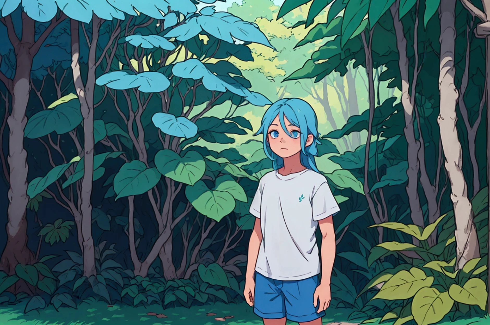 A boy with long blue hair, beautiful detailed orange eyes, detailed facial features, whimsical expression, wearing a white shirt and blue shorts, standing in a lush green forest with tall trees, sunlight filtering through the leaves, magical and dreamlike atmosphere, Studio Ghibli style, vibrant colors, high detail, 8k, photorealistic