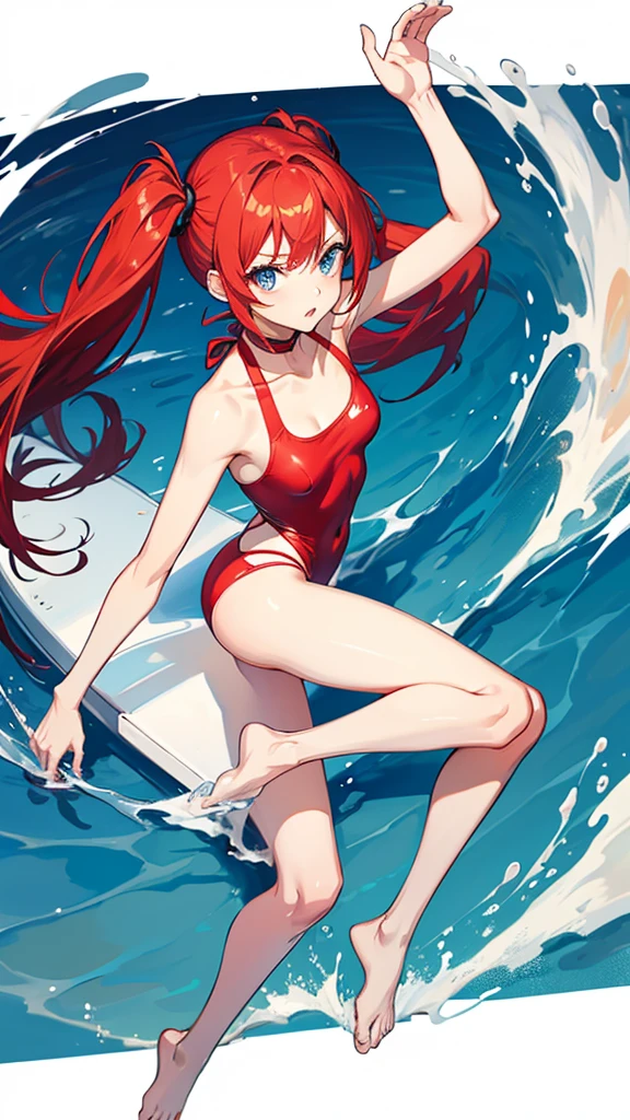 red hair, twintail, small breast, blue eyes, red swimsuit, slender, thin legs