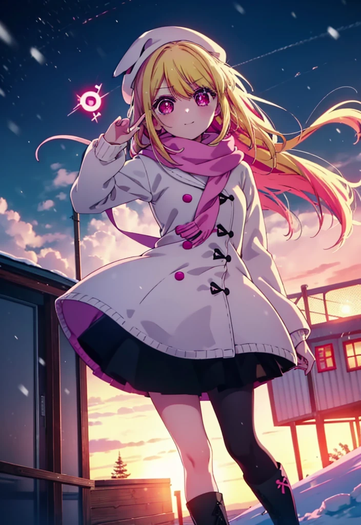 rubyhoshino, Ruby Hoshino, Long Hair, bangs, Blonde, (Pink Eyes:1.3), (Symbol-shaped pupil:1.5), Multicolored Hair, Two-tone hair, smile,White Breath,Knitted hat,Purple Scarf,Red long coat,V-neck sweater,Long skirt,Black pantyhose,short boots,snow,snow,snow,snow,snowが積もっています,snowが降る,whole bodyがイラスト入るように,Hiding in a roofed building,
break outdoors, construction area,
break looking at viewer, whole body,
break (masterpiece:1.2), Highest quality, High resolution, unity 8k wallpaper, (shape:0.8), (Beautiful attention to detail:1.6), Highly detailed face, Perfect lighting, Extremely detailed CG, (Perfect hands, Perfect Anatomy),