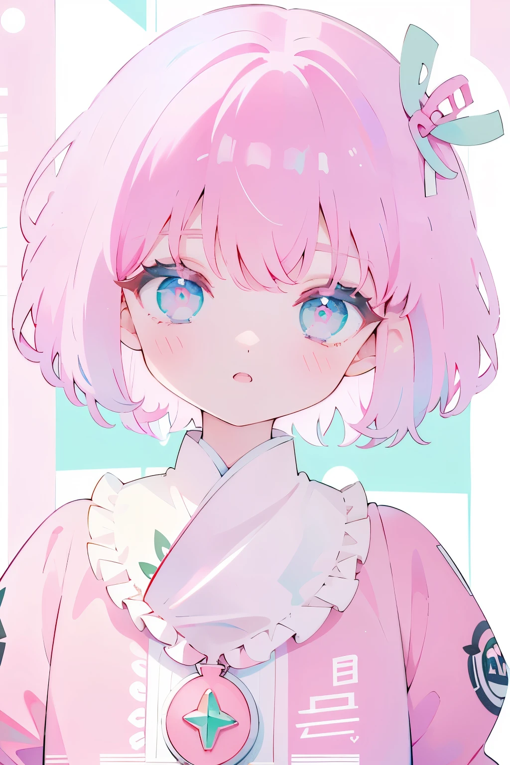 One Girl、Pink Hair、Light blue eyes、Pink, light blue, emerald green and white mixed together、Very little pink ??? all around、