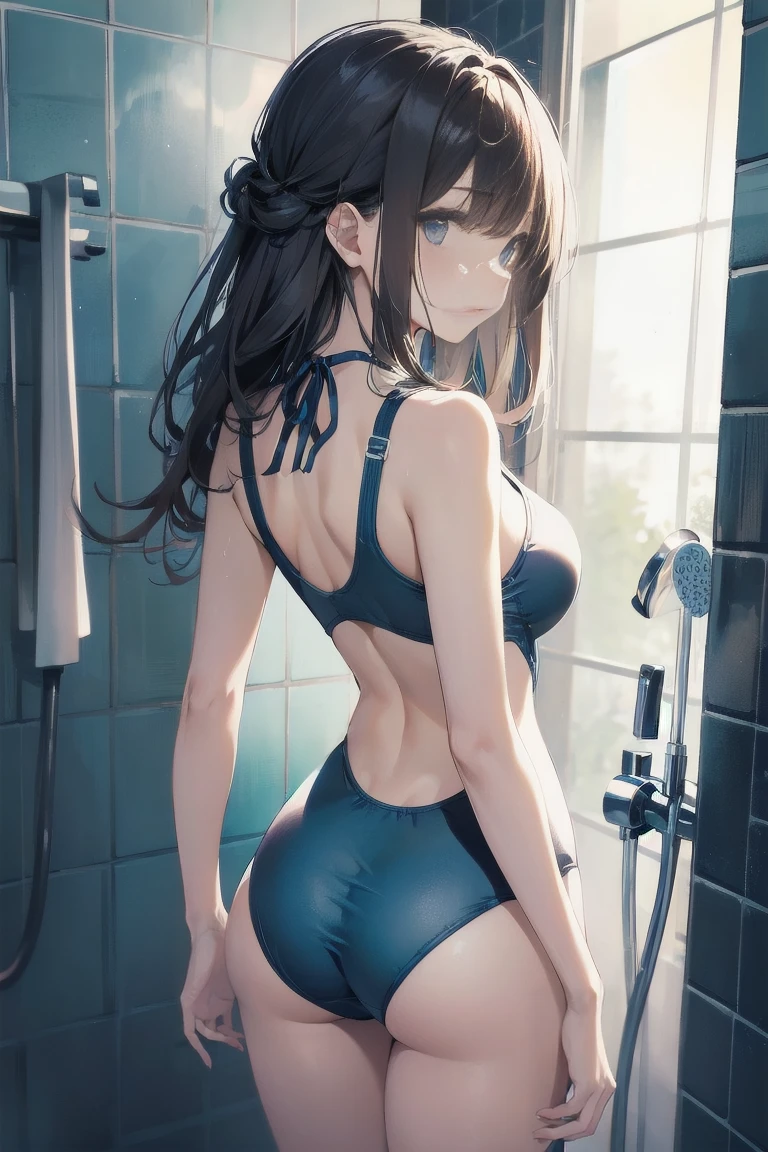 high quality、最high quality、Ultra-high resolution、Slender beauty、White color swimsuit、Embarrassed look、Droopy eyes、crack、Back Angle、shower room