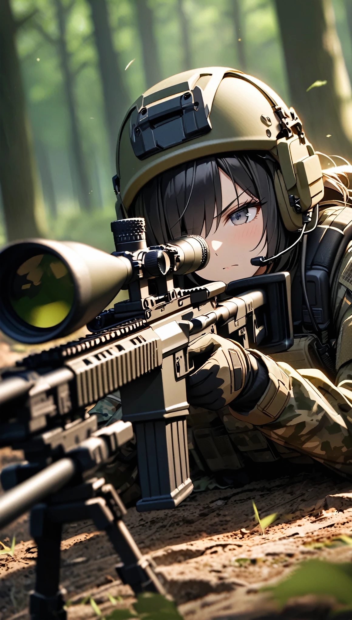 (masterpiece),(Highest quality),(High resolution),(Very detailed),8k,壁紙一人のwoman,woman,Japanese,Black Hair,Short Bob,(Beautiful Eyes,Long eyelashes,Beautiful Hair,Beautiful Skin),Serious,BREAK(((aim at something with a sniper rifle:1.5))),((Look through the scope and take aim:1.3))((lie down:1.3)),((Close one eye:1.3)),((Sniper Rifle)),army camouflage uniform,Bulletproof vest, Combat Boots,Tactical Forster,Tactical Headset,Tactical Helmet,(The background is a dense forest),(((Background Blur))),(dynamic)