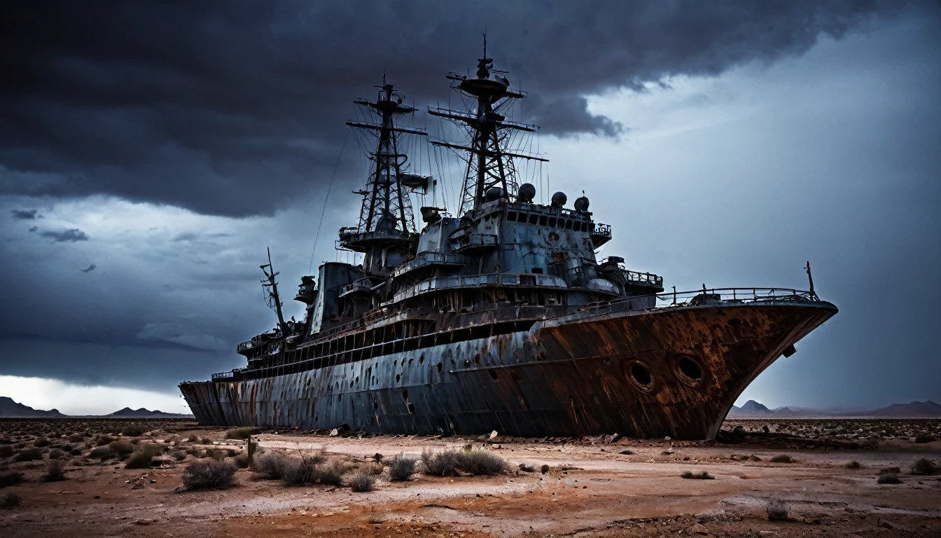 rusty big warship abandoned post apocalyptic night desert dark cloudy