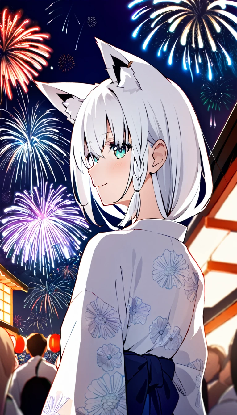 one girl, Shirakami Fubuki, fox ears, white hair, upperbody focus, yukata, beautiful, cute, fireworks, Japanese summer festival, 