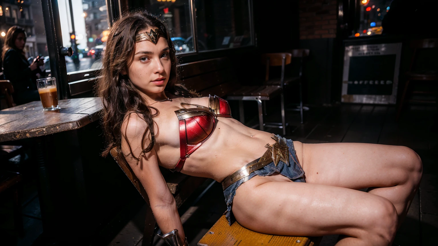 ((masterpiece), (solo character), (photorealistic:1.4), ),(best quality), (epiCRealLife), (g4lg), (wonder woman bra top), (g4lg show abs), (g4lg show cleavages), (Gal Godot in wonder woman costume), (lora:epiCFlashPhoto),(flashphoto), (flash photography) (look at viewers), (outdoor), (Eifel Tower), (night time), (city night lights), (in a street coffee shop), (sitting on at coffee shop chair), (coffee table), (from side), (looking at viewers),