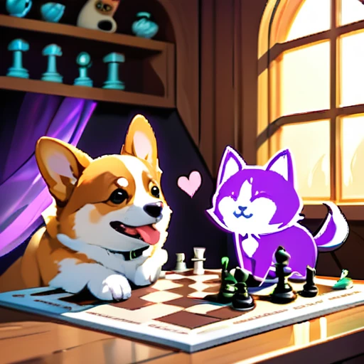 psychedelicstyle magic beamMake me a photo of cute corgi and cute cat playing chess.