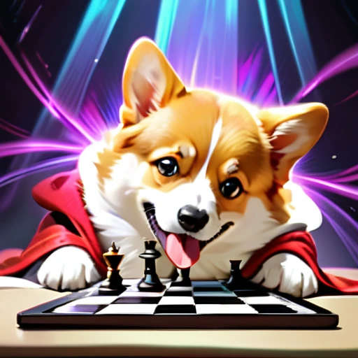 psychedelicstyle magic beamMake me a photo of cute corgi and cute cat playing chess.