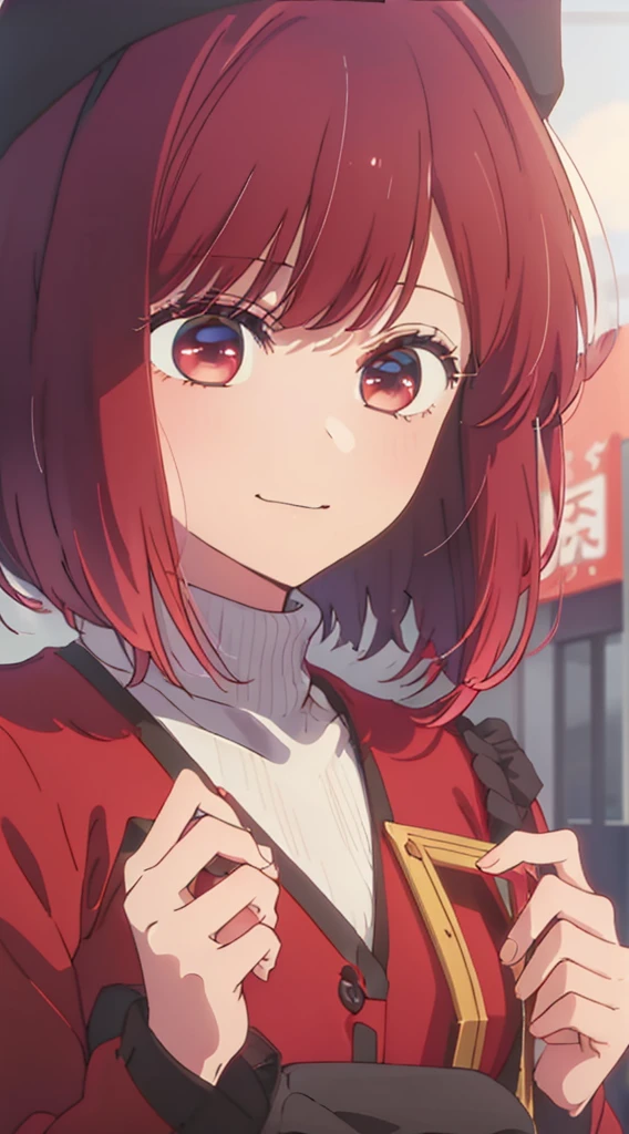 masterpiece、ighly detailed、(1 girl in:1.2)、Red hair、big eye、(((a closeup)))、A smile、8K、short-hair、(((anime styled)))、(((2D)))、red eyes、Open your mouth、(((Winter clothes)))、Street、Shining eyes、Plain clothe