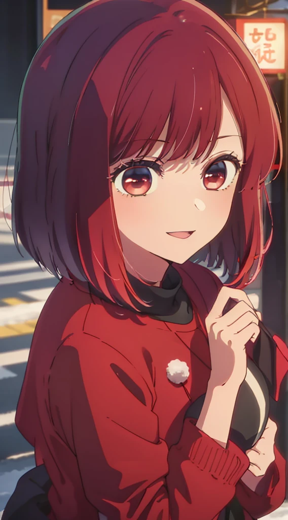 ​masterpiece、ighly detailed、(1 girl in:1.2)、Red hair、big eye、(((a closeup)))、A smile、8K、short-hair、(((anime styled)))、(((2D)))、red eyes、Open your mouth、(((Winter clothes)))、Street、Shining eyes、Plain clothe