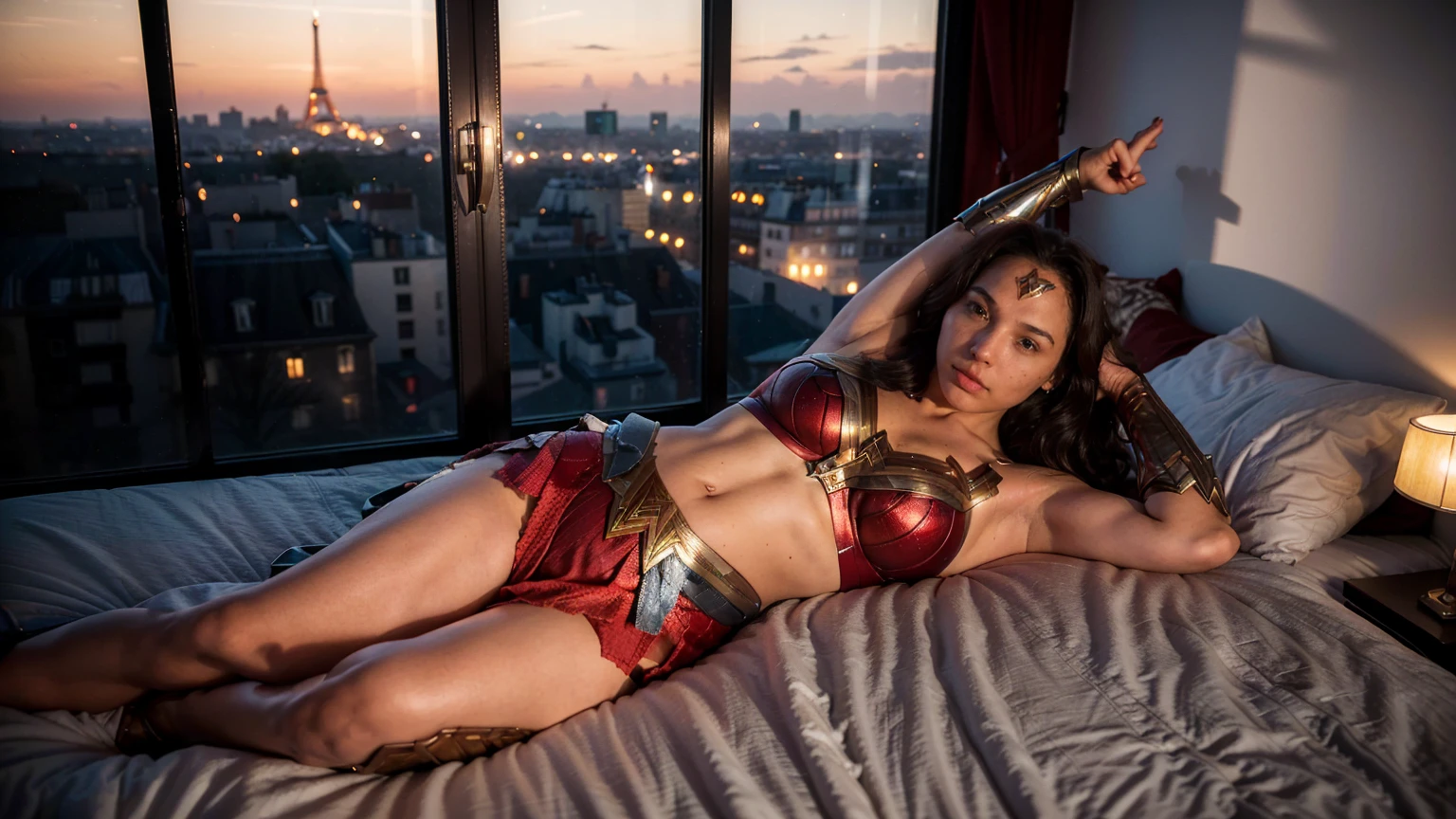 ((masterpiece), (solo character), (photorealistic:1.4), ),(best quality), (epiCRealLife), (g4lg), (wonder woman bra top), (g4lg show abs), (g4lg show cleavages), (Gal Godot in wonder woman costume), (lora:epiCFlashPhoto),(flashphoto), (flash photography) (look at viewers), (Paris Apartment bedroom, (Paris city landmark night views), (window), (night time), (landscape photo), (lying on the bed), (bed poses), (looking at viewers), (at night), (night time),