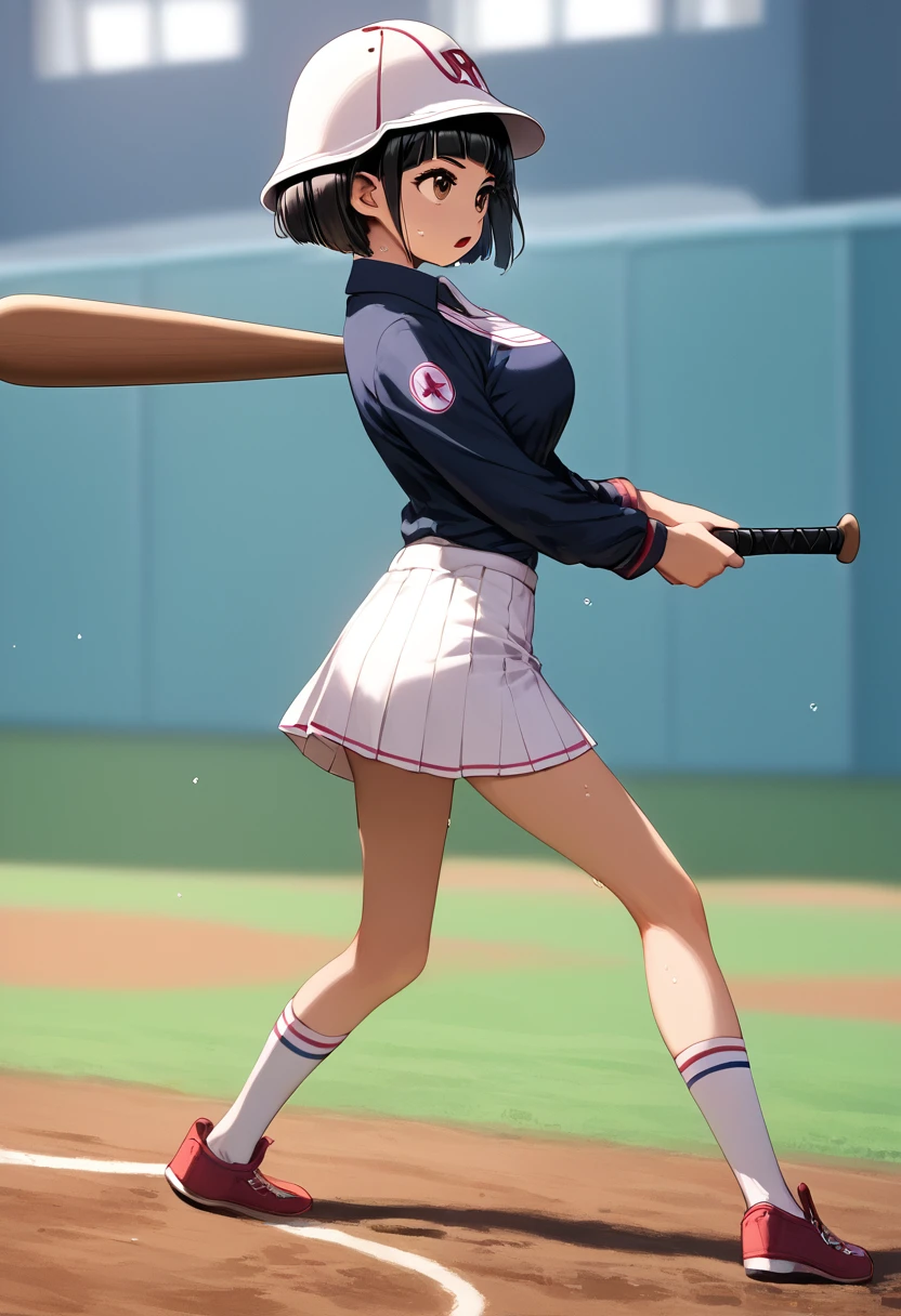 score_9,score_8_up,score_7_up,masterpiece,best quality, source anime, realistic, super detailed, extreme detailed, rating_safe,
1girl, batting\(baseball\), Swinging Bat\(baseball\), from side,
BREAK girl, 22yo, short hair, bob cut, (blunt bangs), black hair, (tareme, detailed cute brown eyes), curled eyelashes, (large breasts:0.9),
shiny hair, beautiful detailed eyes, beautiful face,
slender, small ass, slim legs,
white collared shirt, black jacket, black tight mini skirt, pumps, helmet\(baseball\),
serious, open mouth, :O, (sweat),
Batting Center
