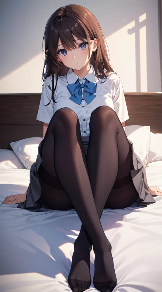 (The whole body from head to toe)、(Full Body)、(No shoes)、(blackpantyhoseの内側に白いパンティ)、(blackストッキングの内側に白いパンティ)、(????? shot)、(Sitting with legs together)、(Sit with your knees bent and your ??????????)、(M-shaped legs)、Brown Hair、Long Hair、bangs、Highest quality、High resolution、8k wallpaper、(figure:0.8)、(Beautiful attention to detail:1.6)、(Highly detailed face)、Perfect lighting、Highly detailed CG、Perfect hands、Perfect ???????、Thin legs、(Small ????)、Sitting on the floor、Sleep on your back、Spread your legs、Look forward、Configuration from below、Positive、Turn your lower body forward、In 8K、Highest quality、The real picture、Intricate details、Ultra-detailed、超High resolution、Depth Field、(Photorealistic、Realistic:1.2),masterpiece, 0.25 :: Front shot、From the center、One Girl、Very beautiful 17 year old girl、See the face and feel、Big eyes、???? pose、Fascinating、Perfect Skin、(Small ???????)、Narrow waist、Light blush、solo、Looking at the audience、Five perfect fingers、Small toes、sweating、 wear((School_uniform)、White shirt、Collared shirt、Pleated dress、Grey Dress、(black_pantyhose:1.2)、 blackストッキング、blackpantyhose、(Sculpture Pose:1.1)、 Showing her white panties、????? shot、Spread your ????????? legs、Wide-?????????、bedroom 、On the bed