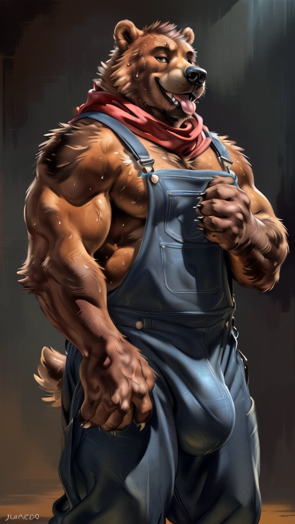 4k, dark , perfect colors, perfect dark pantalla , perfect lighting,(fondo of dark pantalla :1.2) gay bear naked ((full dark)), posted on e621, furry body , anthro little bear /Very strong but very craving in face bear_rusty , antro ( by the little bear :old bear_rusty),verg red scarf, (Old bear, old daddy , obese and muscular , naked por overalls , simple black background, ultra dark , (fondo of black :1.3) body_sexy , daddy bear, standing, by honovy, correct claws in five of paws in dark ,huge Bulge, fur in brown, claws in five, ( dark blue overalls) ,tongue in mouth, holding huge huge pink_penetrating , nice nose_dark brown (monotone brown fur:1.3), chest fur,daddy old, verg lighting color, (heavily muscular, masculine:1.4), nice eyes brown , realistic eyes brown , (muscular,sweat :1.4) , ( verg huge pink_penetrating :1.4 ), cum,verg huge bulge and big penis , verg huge balls,((open black blue overalls) ,look up,strong,lying in bed , (photorealistic detailed fur,bear _nose color vino, bear nose _ color vino, (by Taran Fiddler, by Chunie, by Rukis, holding big pink_penetrating, dark lighting), claws on hands, (photorealistic fur, detailed fur, masterpiece:1.2), sexy shadows, (by echinby Taran Fiddler, by takemoto arashi, by Traver009, by Juiceps), (Detailed brown eyes:1.2), smile face, cum