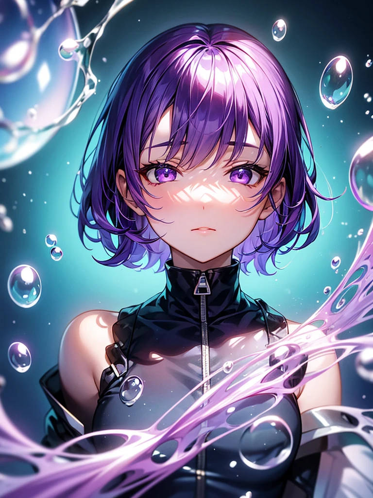 alone, One girl, Purple eyes, Purple Hair, bubble, View your viewers, Portraiture, Half-closed eyes, short hair, Mouth closed,shiny bubbles,bubbles, colour shining in bubble, reflective bubbles,bubbles ,bubbles all around, turning into bubble