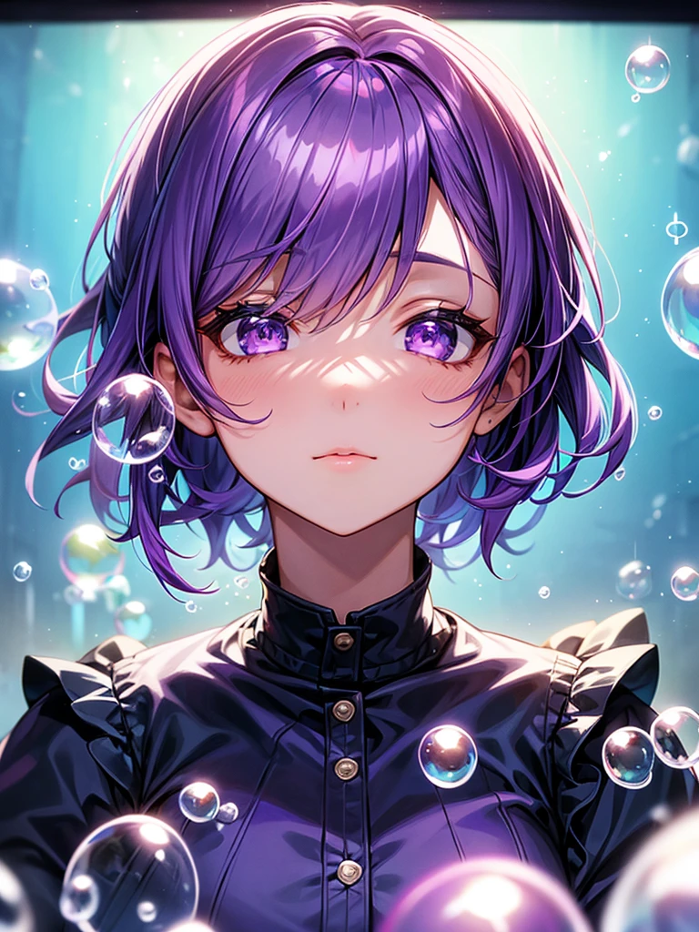 alone, One girl, Purple eyes, Purple Hair, bubble, View your viewers, Portraiture, Half-closed eyes, short hair, Mouth closed,shiny bubbles,bubbles, colour shining in bubble, reflective bubbles,bubbles ,bubbles all around, turning into bubble