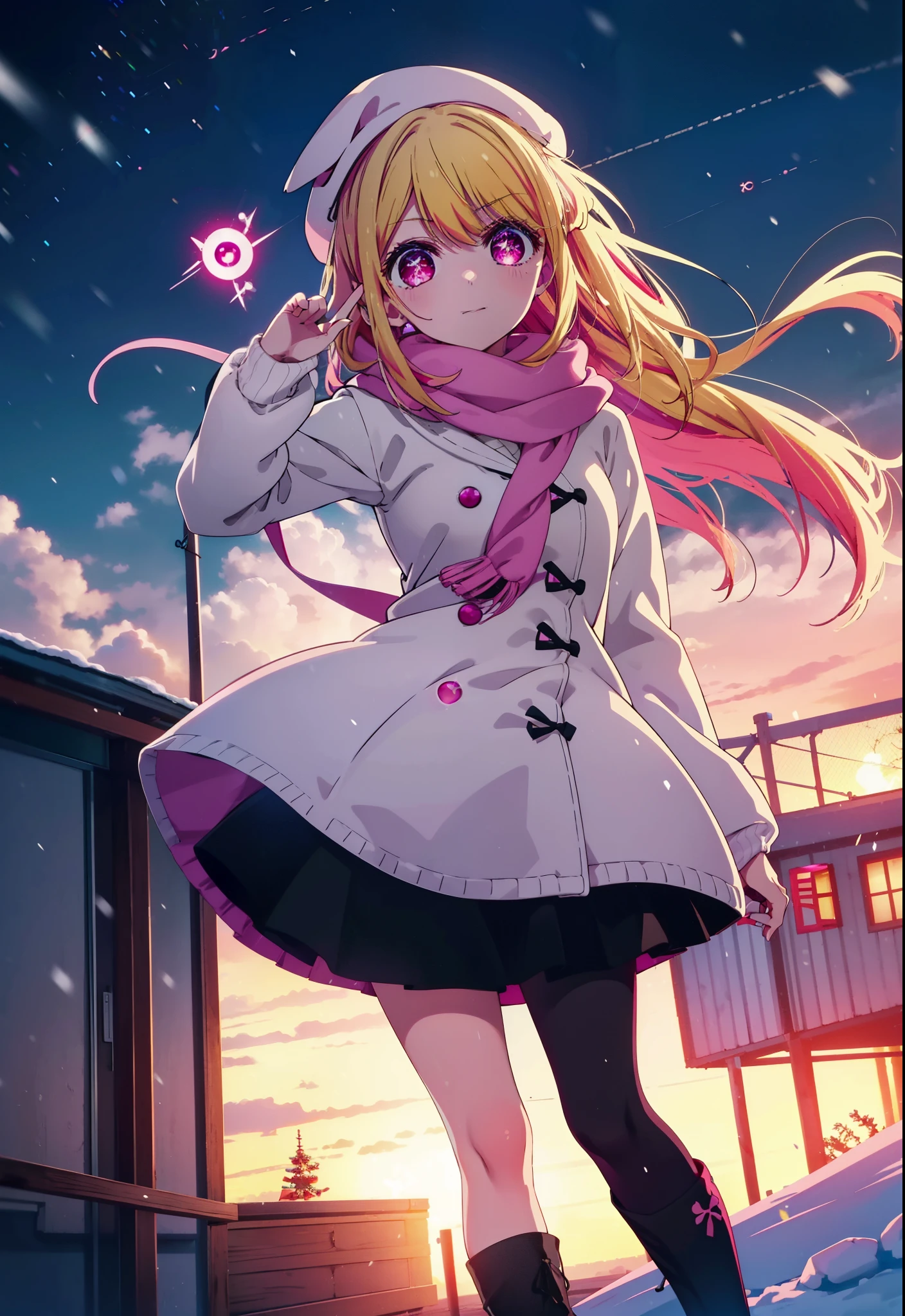 rubyhoshino, Ruby Hoshino, Long Hair, bangs, Blonde, (Pink Eyes:1.3), (Symbol-shaped pupil:1.5), Multicolored Hair, Two-tone hair, smile,White Breath,Knitted hat,Purple Scarf,Red long coat,V-neck sweater,Long skirt,Black pantyhose,short boots,snow,snow,snow,snow,snowが積もっています,snowが降る,whole bodyがイラスト入るように,Hiding in a roofed building,
break outdoors, construction area,
break looking at viewer, whole body,
break (masterpiece:1.2), Highest quality, High resolution, unity 8k wallpaper, (shape:0.8), (Beautiful attention to detail:1.6), Highly detailed face, Perfect lighting, Extremely detailed CG, (Perfect hands, Perfect Anatomy),