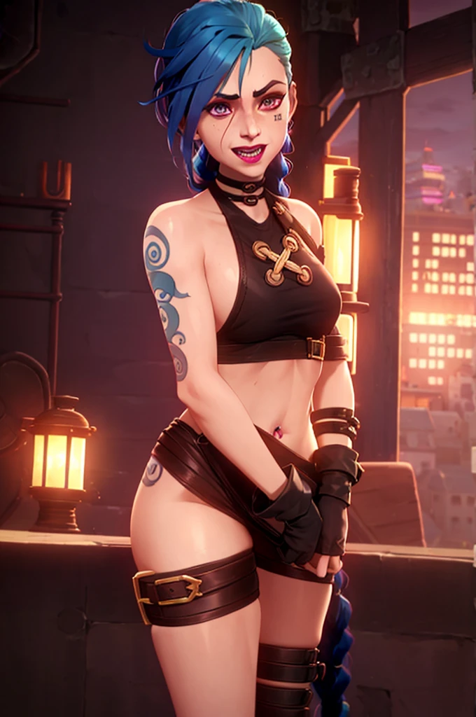 arcane style,
1girl, arm tattoo, asymmetrical bangs, bangs, blue hair, braid, brown shirt, cloud tattoo, looking at viewer, laughing, crazy, uncontrollable laugh, mad look, night, city, green hair, long hair, midriff, pink eyes, red lips, solo, standing, tattoo, twin braids, upper body, arcane jinx, jinx \(league of legends\), naled