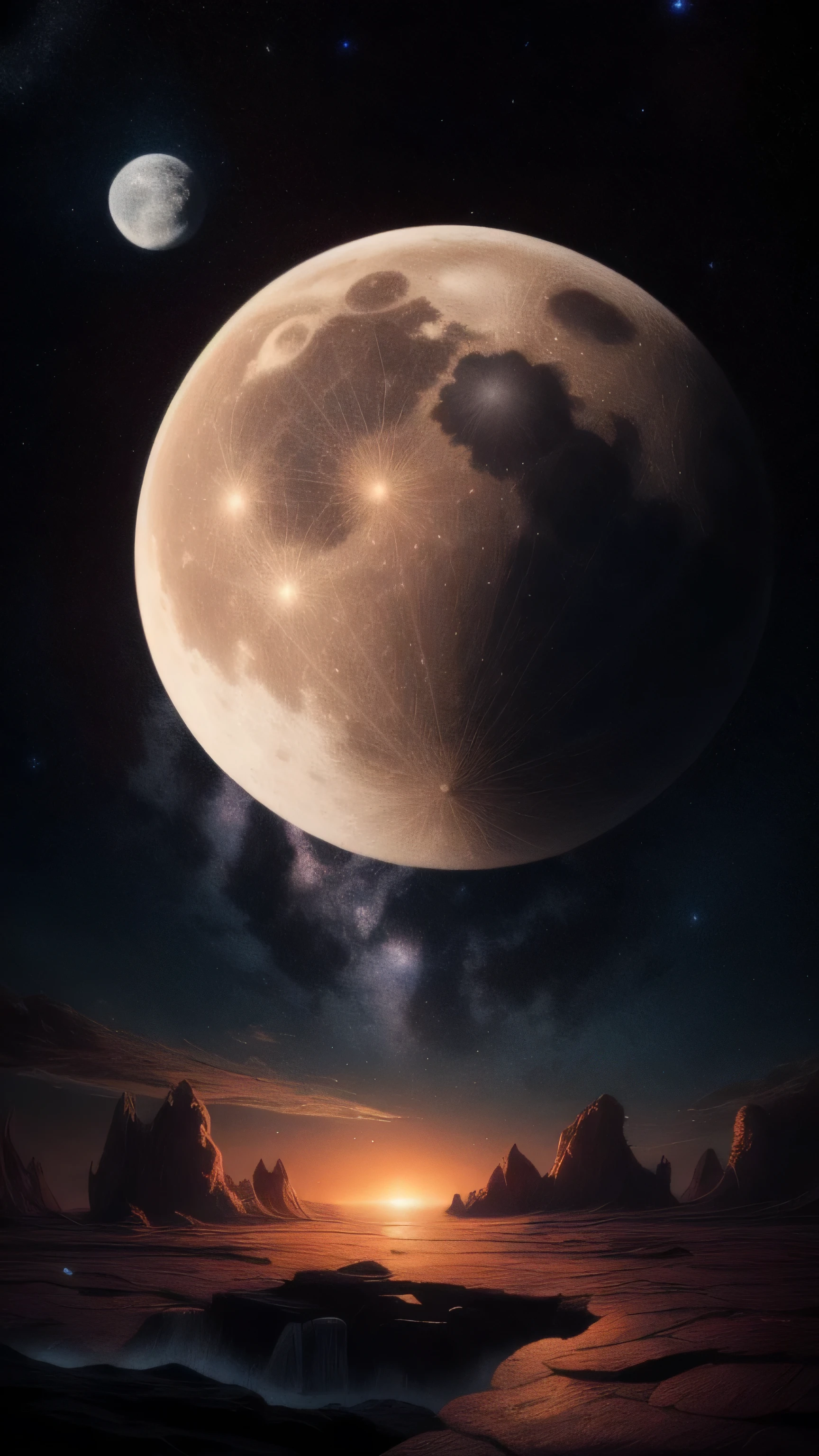 Surreal, Moon Nursery, Many moons appearing from lava fissures, The moons vary in size, (masterpiece:1.4), (Realistic:1.5), 8k resolution, (Very complicated:1.4), (Exquisitely crafted down to the last detail:1.2), (Dimming lighting:1.2), , Milky Way in the sky Space art