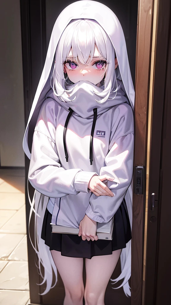 Pale introvert, hiding inside oversized hoodie, curling up in bed, crossed legs, hoodie covering mouth, pale skin, white hair, purple eyes, hiding in hoodie, holding book, crying, running through doorway crying