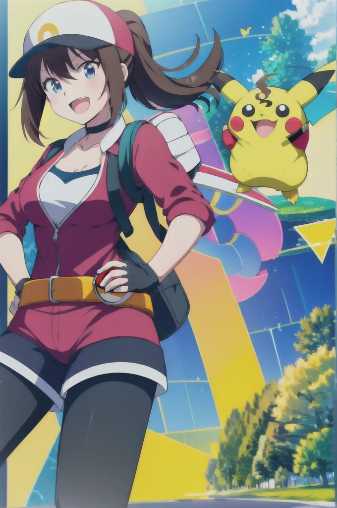 (extremely detailed CG unity 8k wallpaper),(masterpiece),(best quality),(ultra-detailed),(best illustration),(best shadow),(absurdres),  Trainer, 1girl, female protagonist (pokemon go), breasts, poke ball, gloves, hat, fingerless gloves, brown hair, holding, ponytail, blue eyes, holding poke ball, pokemon (creature), baseball cap, cleavage, open mouth, belt, smile, choker, poke ball (basic), pikachu, long hair, bag, yellow background, leggings, simple background, backpack, on shoulder, cowboy shot, large breasts, hand on hip, looking at viewer, shorts, black gloves, pokemon on shoulder, collarbone, jacket, :d,
In the sky, hay muchas abejas volando 
Importante que se vean las abejas 