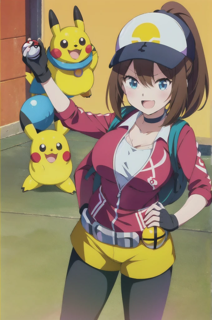 (extremely detailed CG unity 8k wallpaper),(masterpiece),(best quality),(ultra-detailed),(best illustration),(best shadow),(absurdres),  Trainer, 1girl, female protagonist (pokemon go), breasts, poke ball, gloves, hat, fingerless gloves, brown hair, holding, ponytail, blue eyes, holding poke ball, pokemon (creature), baseball cap, cleavage, open mouth, belt, smile, choker, poke ball (basic), pikachu, long hair, bag, yellow background, leggings, simple background, backpack, on shoulder, cowboy shot, large breasts, hand on hip, looking at viewer, shorts, black gloves, pokemon on shoulder, collarbone, jacket, :d,
In the sky, hay muchas abejas volando 
Importante que se vean las abejas 