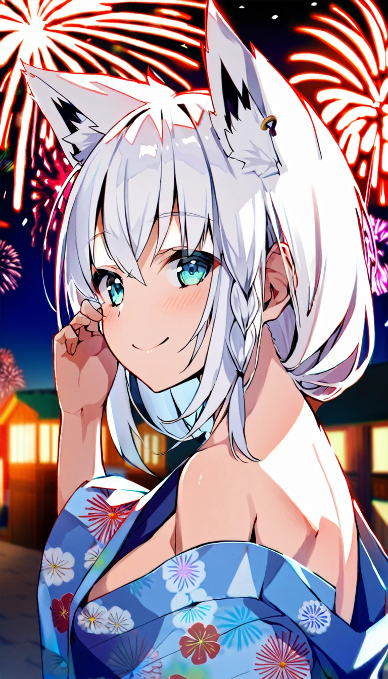 one girl, Shirakami Fubuki, fox ears, white hair, upperbody focus, yukata, beautiful, cute, fireworks, Japanese summer festival, look back on me, smile