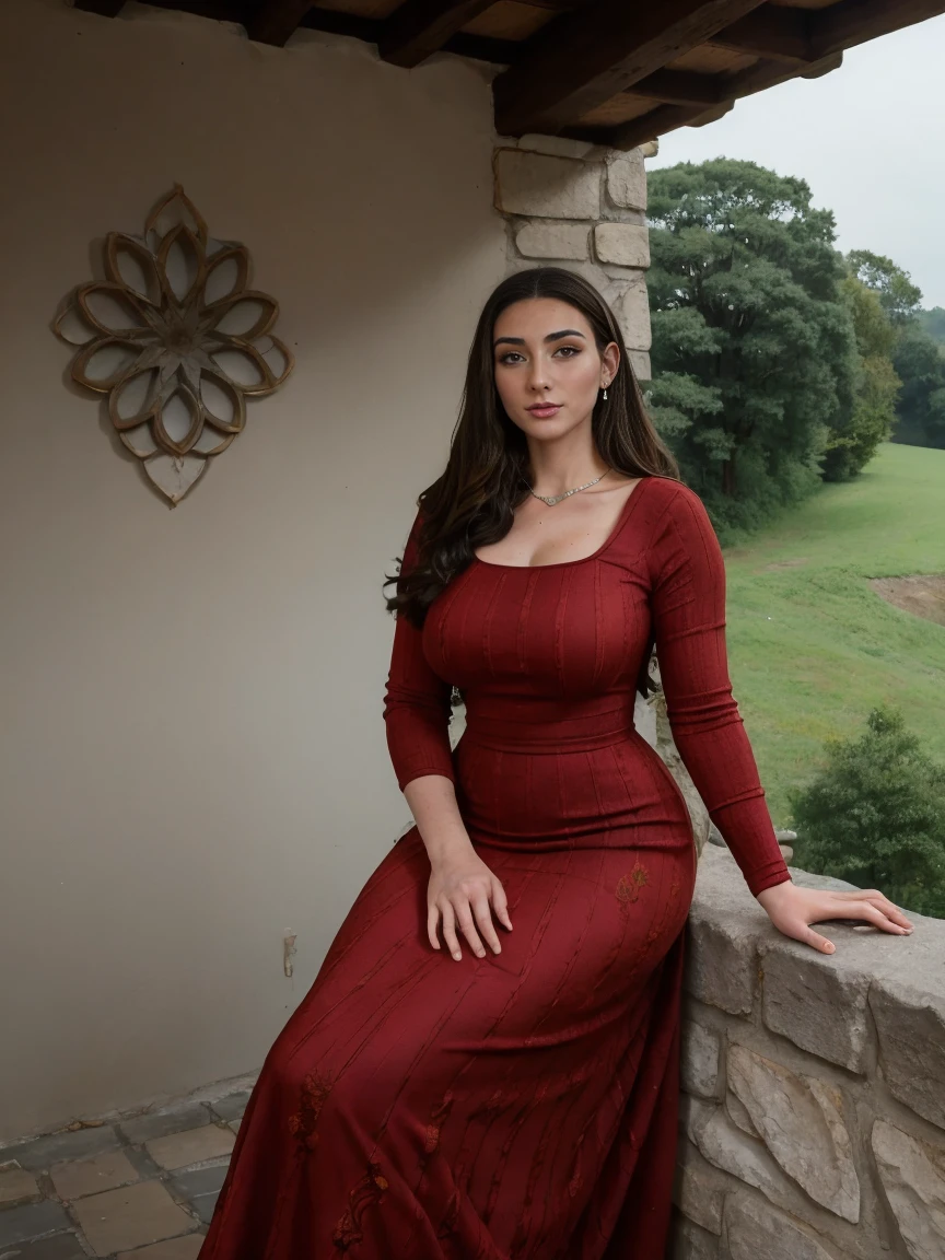 Beautiful and regal, imperious and aloof, busty athletic (thin) brunette queen with sharp facial features wearing a modest updo, dark red medieval dress, long sleeves, intricate patterns, embroidery, wide neck, crown, veil, long dress, modest dress, tight bodice, (silver waist chain), medieval jewelry, Middle Ages, castle, rampart, wall, exterior, on top of a castle wall, trees, countryside, evening, sunset.