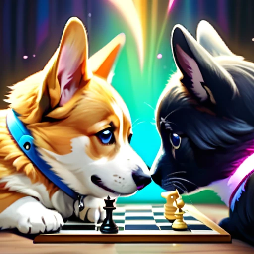 psychedelicstyle magic beamMake me a photo of cute corgi and cute cat playing chess.