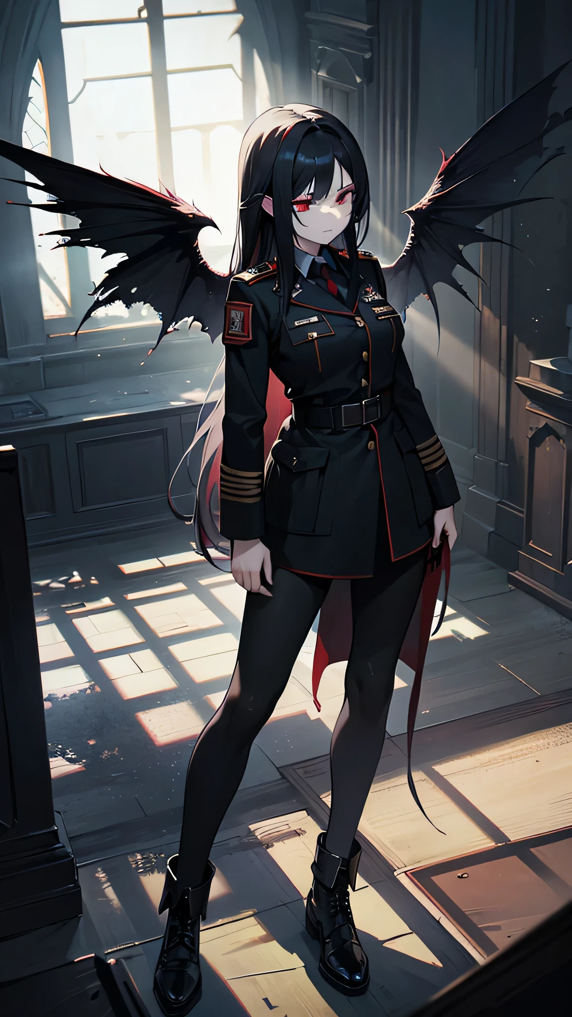 a demonic girl in military uniform, long black hair, red eyes, spreading demonic wings, in a dilapidated church, fantasy, best quality, 8k, highres, masterpiece, dramatic shadows, gothic style, cinematic lighting