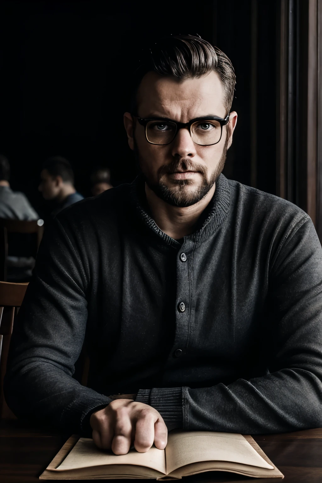 The Gloomy Guy, sitting at the table reading a book, sitting right in front of the camera 