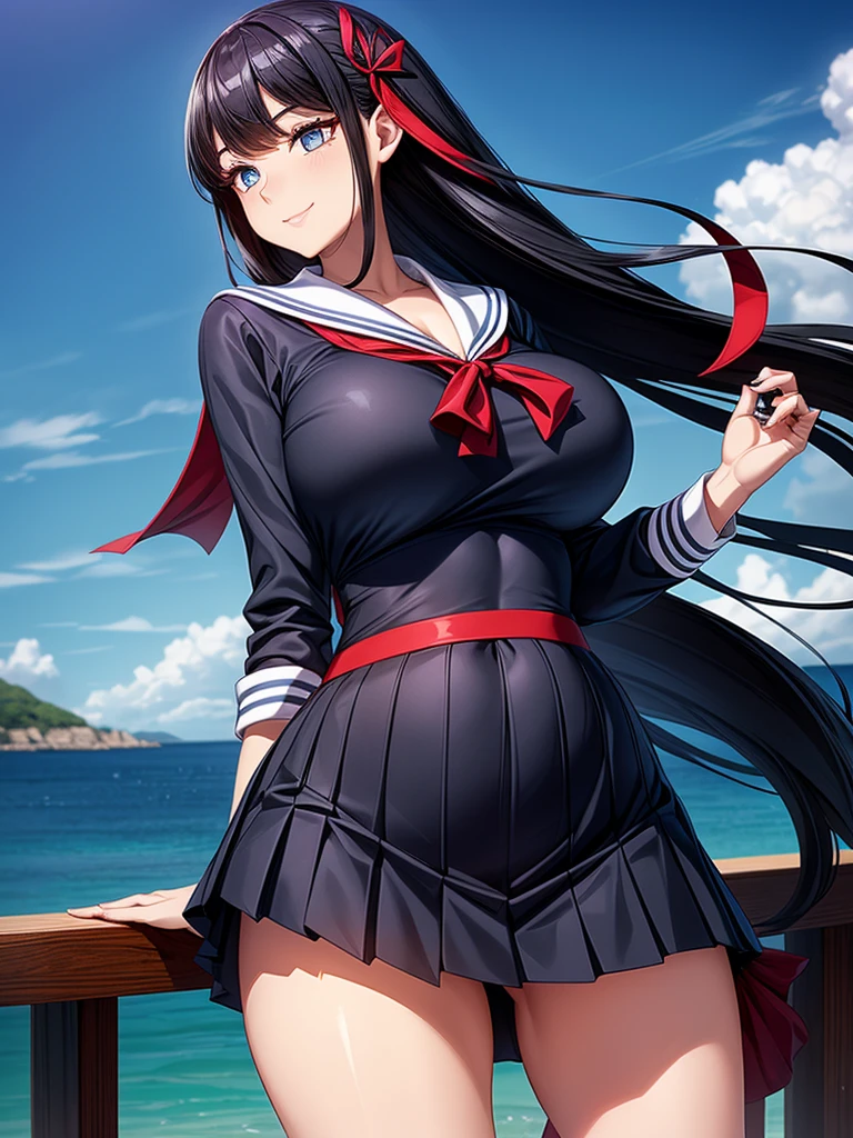Top quality, beautiful face, beautiful eyes, beautiful woman, elegant face, classy face, intelligent face, bewitching smile, beautiful glossy black hair, straight long hair, huge breasts, curvaceous beauty, narrow waist, sailor suit , red ribbon tie, short navy pleated skirt