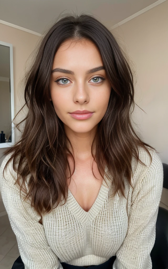 beautiful brunette wearing light beige sweater (taking care of nails in a modern beauty salon), very detailed, 21 years old, innocent face, natural wavy hair, blue eyes, high resolution, masterpiece, best quality, intricate details, highly detailed, sharp focus, detailed skin, realistic skin texture, texture, detailed eyes, professional, 4k, charming smile, shot on Canon, 85mm, shallow depth of field,  kodak vision color, perfect fit body, extremely detailed, foto_\(ultra\), photorealistic, realistic, post-processing, maximum detail, roughness, real life, ultra realistic, photorealism, photography, 8k uhd, photography